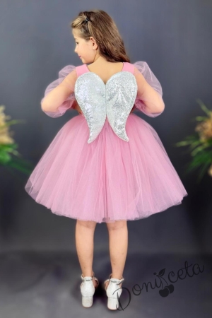 Официална детска рокля Рангелина  с дълъг в розово с ангелски крила 2