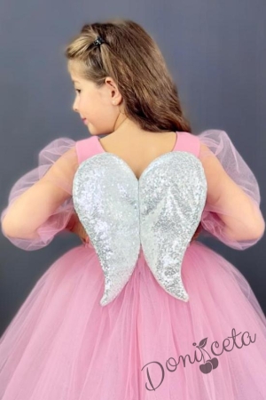 Официална детска рокля Рангелина  с дълъг в розово с ангелски крила 3