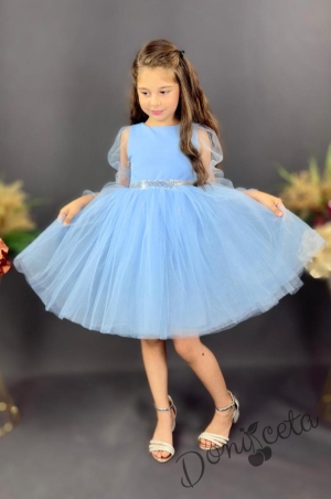Официална детска рокля Рангелина  с дълъг в синьо с ангелски крила 1