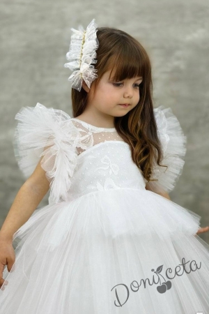 Официална дълга детска рокля в бяло с дантела на пластове Чара 2
