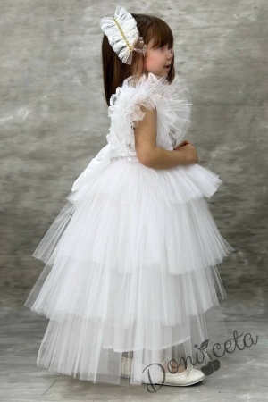 Официална дълга детска рокля в бяло с дантела на пластове Чара 3