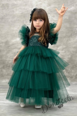 Официална дълга детска рокля в зелено с дантела на пластове Чара