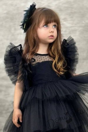 Официална дълга детска рокля в черно с дантела на пластове Чара 2