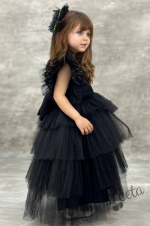 Официална дълга детска рокля в черно с дантела на пластове Чара 3