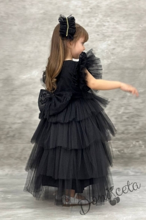 Официална дълга детска рокля в черно с дантела на пластове Чара4