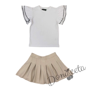 Комплект от пола в бежово Ния и блуза в бяло с къдрици 1