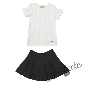 Комплект от пола в черно Ния и ефектна блуза с къс ръкав в бяло