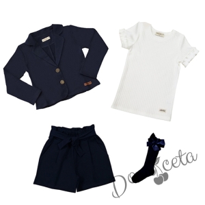 Комплект за момиче от къси панталони, сако и чорапи в тъмносиньо и рипсена блуза в бяло 1