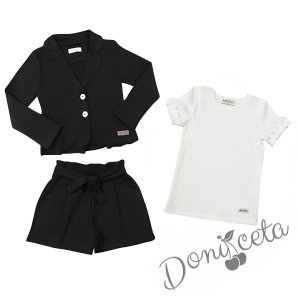 Комплект за момиче от къси панталони и сако в черно и рипсена блуза в бяло 1