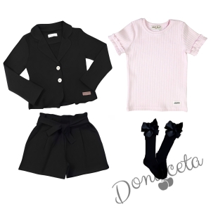 Комплект за момиче от къси панталони, сако и чорапи в черно и рипсена блуза в розово