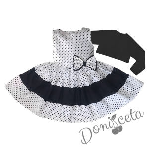 Комплект от детска рокля без ръкав в бяло на черни точки с лента и болеро в черно