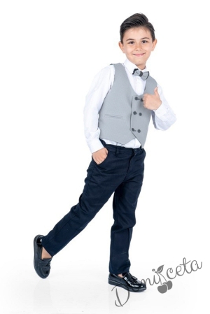 Детски костюм за момче от 4 части в елек в сиво и панталон в тъмносиньо