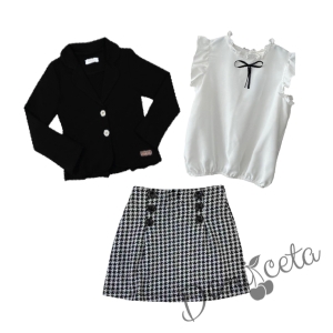 Комплект от 3 части - детска пола пепит с риза с къс ръкав с панделка Contrast и сако в черно 1