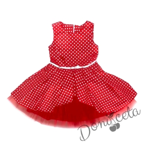 Комплект от детска официална рокля в червено на бели точки и бяло болеро с къдрички 2