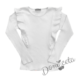 Детски комплект от релефна блуза с дълъг ръкав и къдрички в бяло и пола в тъмносиньо 3