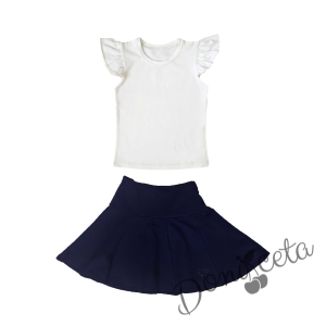 Комплект от детска блуза с къс ръкав тип крилце в бяло и пола в тъмносиньо 1