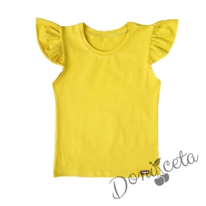Комплект от детска блуза с къс ръкав тип крилце в горчица и пола в тъмносиньо 2