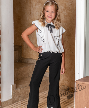 Комплект за момиче от риза с къс ръкав и къдрички и панталон тип Чарлстон в черно