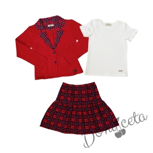 Детски комплект за момиче от карирана пола и сако в червенос каре и рипсана блуза в бяло с къс ръкав