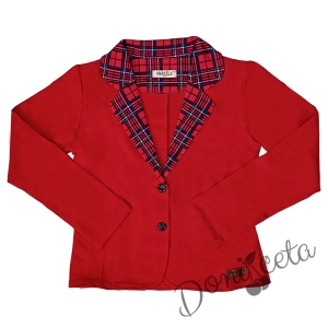 Детски комплект за момиче от карирана пола и сако в червенос каре и рипсана блуза в бяло с къс ръкав 3