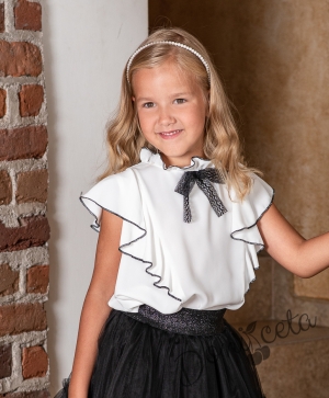Детска риза за момиче в бяло с къс ръкав и къдрици и панделка Contrast