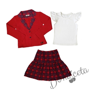 Детски комплект за момиче от карирана пола и сако в червено с каре и блуза в бяло с къс ръкав тип крилце
