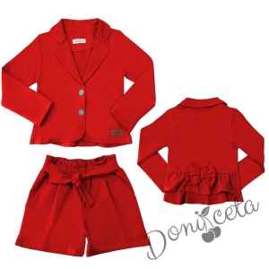 Комплект за момиче от къси панталони и сако в червено и блуза с къс ръкав и дантела в бяло 1