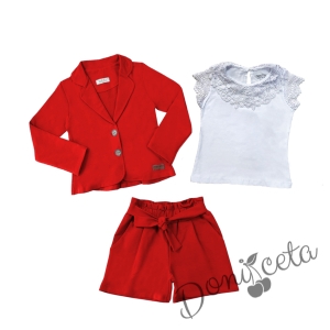 Комплект за момиче от къси панталони и сако в червено и блуза с къс ръкав и дантела в бяло 2
