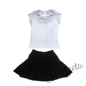 Комплект от пола в черно и блуза с къс ръкав и дантела в бяло