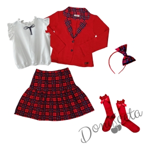 Детски комплект от 5 части за момиче с карирана пола сако в червено риза в бяло Contrast чорапи и диадема