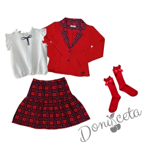 Детски комплект от 4 части за момиче с карирана пола сако в червено риза в бяло Contrast чорапи