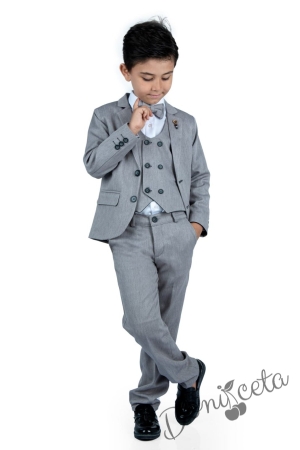 Официален костюм за момче от 5 части в сиво с двуредово закопчаване