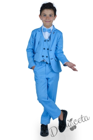 Официален костюм за момче от 5 части в светлосиньо с двуредово закопчаване