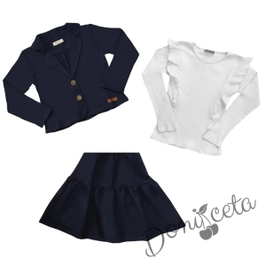 Детски комплект от 3 части - релефна блуза с дълъг ръкав и къдрички в бяло и пола със сако в тъмносиньо 1