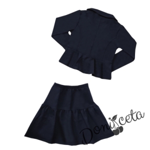 Детски комплект от 3 части - релефна блуза с дълъг ръкав и къдрички в бяло и пола със сако в тъмносиньо 4