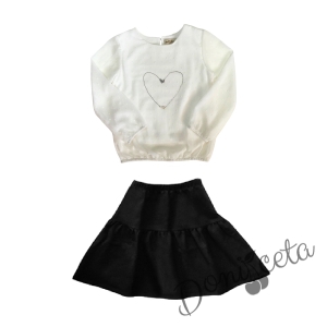 Детски комплект от блуза с дълъг ръкав в екрю с аксесоар и пола в черно 1