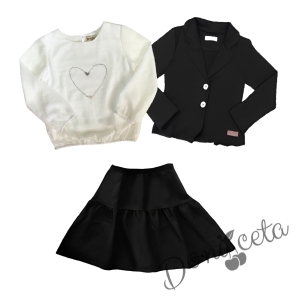 Детски комплект от 3 части - блуза с дълъг ръкав в екрю с аксесоар и пола със сако в черно 1