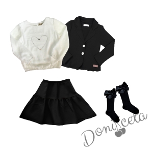 Детски комплект от 4 части - блуза с дълъг ръкав в екрю с аксесоар и пола със сако в черно и чорапи 1