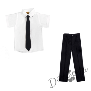 Комплект от 3 части панталон и вратовръзка в черно и риза с къс ръкав в бяло