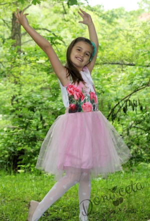 Summer children's dress with roses and tulle in pink