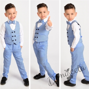 Официален комплект за момче  в светлосиньо от 4 части панталон , елек , риза в бяло, и папийонка 2