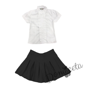 Комплект от пола в черно Ния и риза с къс ръкав в бяло с къдрички 1