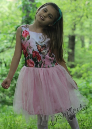 Summer children's dress with roses and tulle in pink