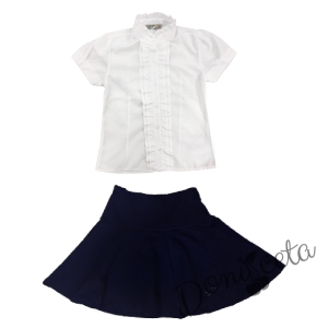 Комплект от пола в тъмносиньо и риза с къс ръкав в бяло с къдрички 1