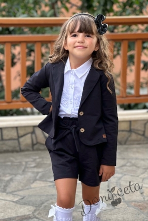 Детски комплект 3 части за момиче от къси панталонки , сако в черно и официална блуза с дълъг ръкав в бяло с дантела