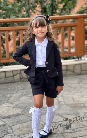 Детски комплект 4 части за момиче от къси панталонки , сако в черно,  официална блуза с дълъг ръкав и чорапки