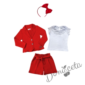 Комплект за момиче от 4 части - къси панталони със сако в червено, блуза с къс ръкав и дантела в бяло и диадема в червено