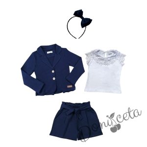 Комплект за момиче от 4 части -  къси панталони, сако и диадема в тъмносиньо, блуза с къс ръкав и дантела в бяло