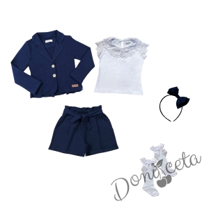 Комплект за момиче от 5 части -  къси панталони, сако и диадема в тъмносиньо, блуза с къс ръкав и дантела в бяло и бели чорапи