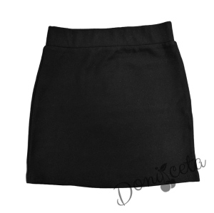 Комплект от права пола в черно и риза с къс ръкав в бяло с къдрички 3